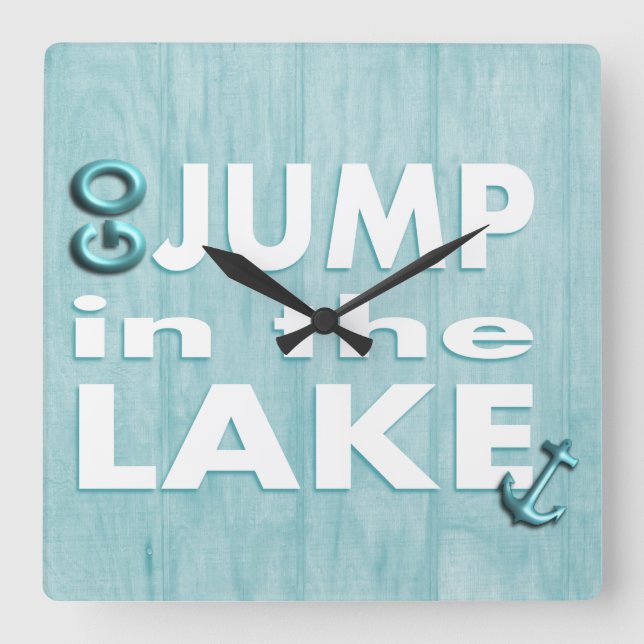 Blue Wood Print Quote "Go Jump in the Lake" Clock (Front)