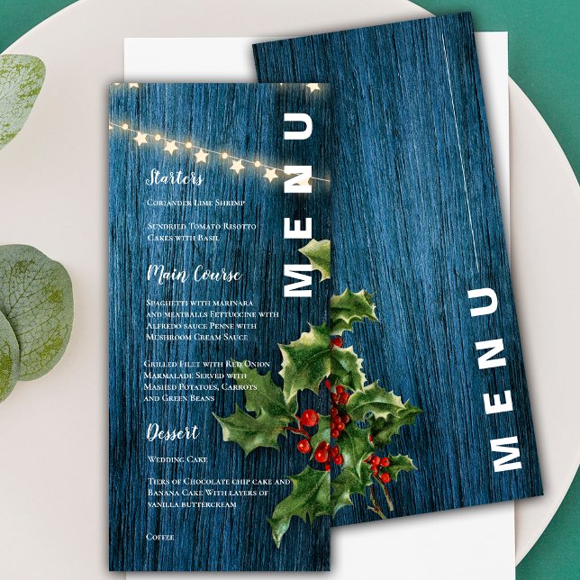 Blue Wood Red Berries Christmas Wedding Party Menu (Blue Wood Red Berries Christmas Wedding Party Menu)