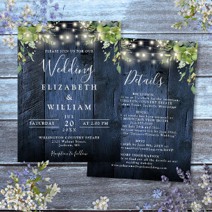 Blue Wood String Light Greenery Details Wedding  Invitation