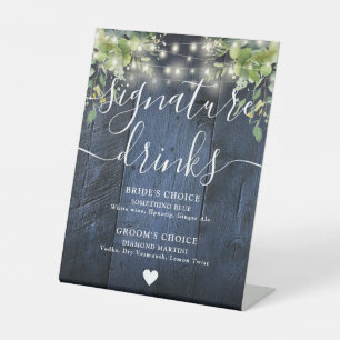 Blue Wood String Light Greenery Signature Drinks Pedestal Sign