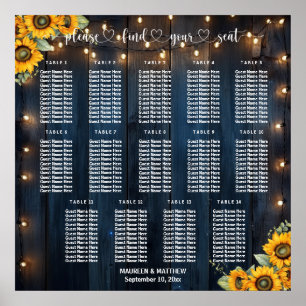 Blue Wood String Lights 14 Tables Wedding Seating Poster