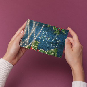 Blue Wood String Lights Christmas Wedding RSVP Card