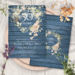 Blue Wood String Lights Floral 50th Anniversary Invitation<br><div class="desc">Featuring pretty string lights and a delicate watercolor floral greenery garland on a blue rustic wood background,  this chic botanical 50th wedding anniversary invitation can be personalized with your special wedding anniversary information. The reverse features a matching floral garland framing your anniversary dates in elegant typography. Designed by Thisisnotme©</div>