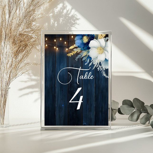 Blue Wood String Lights Floral Table Number (Creator Uploaded)