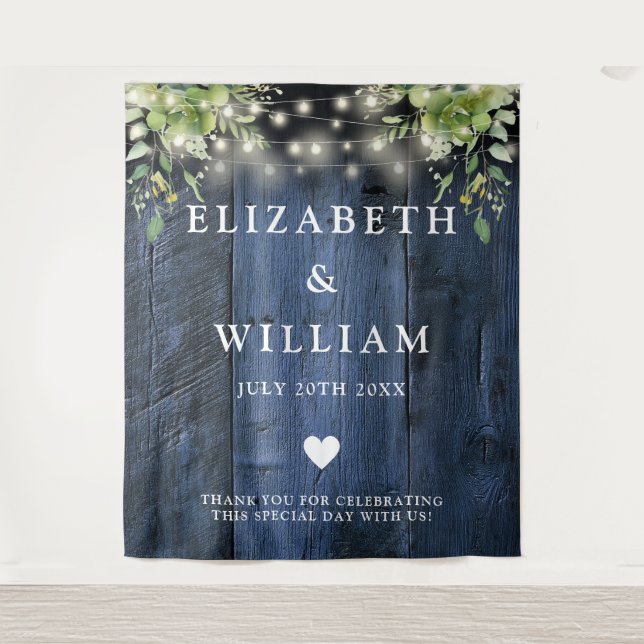 Blue Wood String Lights Greenery Photo Backdrop Tapestry (Front)