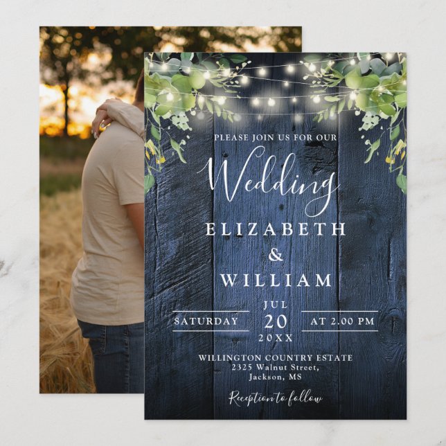 Blue Wood String Lights Greenery Photo Wedding Invitation (Front/Back)