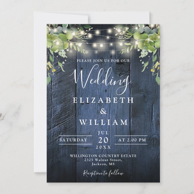 Blue Wood String Lights Greenery QR Code Wedding Invitation (Front)