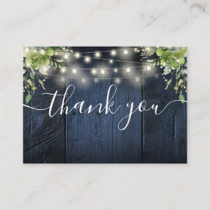 Blue Wood String Lights Greenery Wedding Thank You Place Card