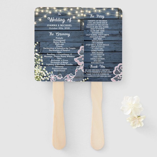 Blue Wood String Lights & Lace Wedding Program Hand Fan (Front and Back)