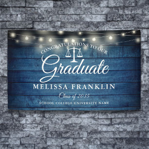 Blue Wood String Lights Law School Graduation Banner