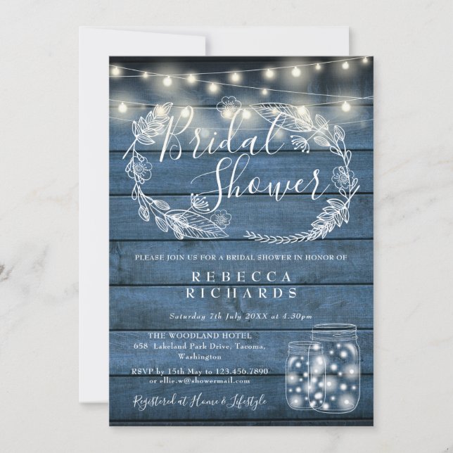 Blue Wood String Lights Mason Jars Bridal Shower Invitation (Front)