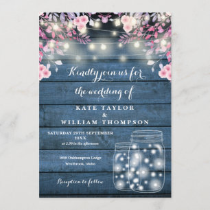 Blue Wood String Lights Mason Jars Floral Wedding Invitation