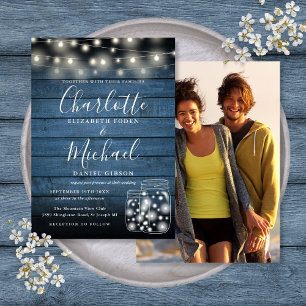 Blue Wood String Lights Mason Jars Wedding Photo Invitation