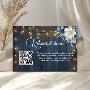 Blue Wood String Lights QR Code Rehearsal Dinner Enclosure Card