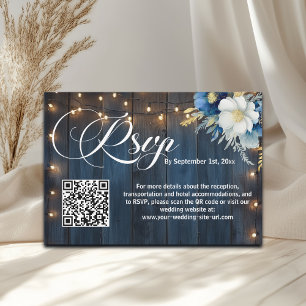 Blue Wood String Lights QR Code Wedding RSVP Card