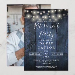 Blue Wood String Lights Retirement Party Photo Invitation