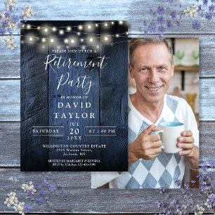 Blue Wood String Lights Retirement Party Photo Invitation