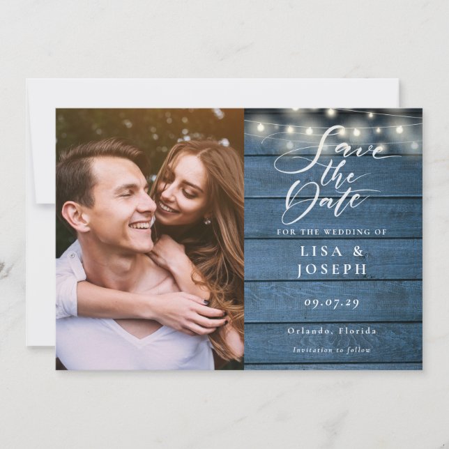 Blue Wood String Lights Script Photo Wedding Save The Date (Front)