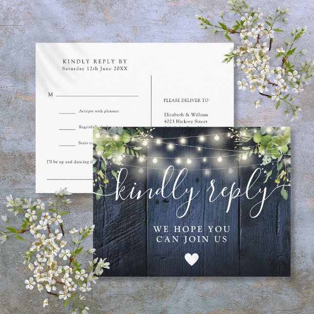 Blue Wood String Lights Song Request RSVP Postcard (Creator Uploaded)