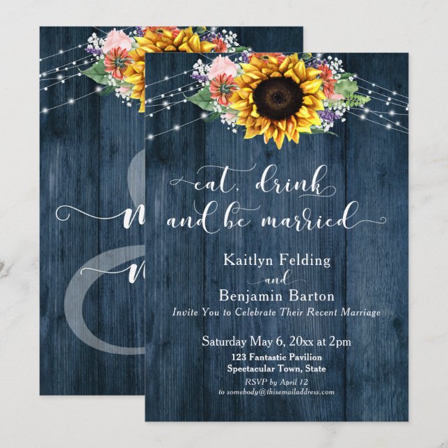 Blue Wood Sunflower Eat Drink and Be Married Invitation (Front/Back)