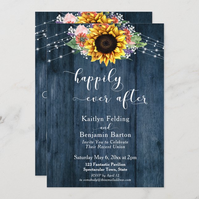 Blue Wood Sunflower Lights Happily Ever After Invitation (Front/Back)
