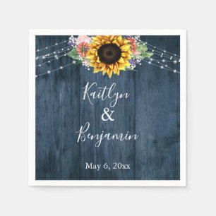 Blue Wood Sunflower Lights Names & Date Napkin