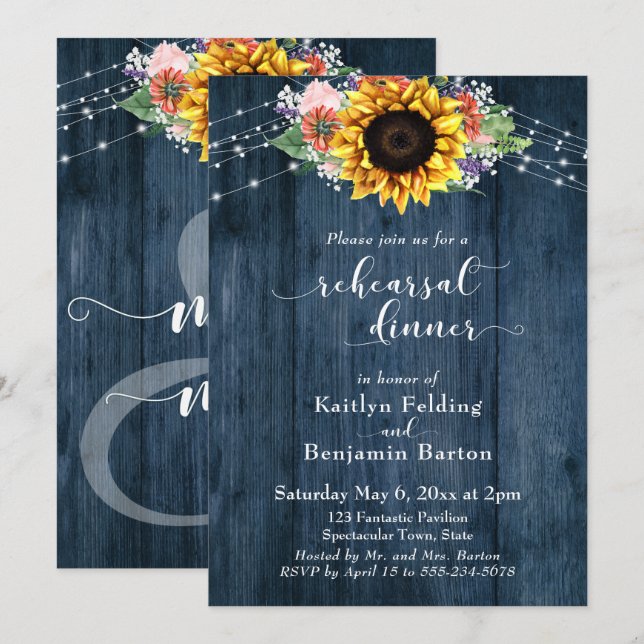 Blue Wood Sunflower Lights Post-Wedding Rehearsal Invitation (Front/Back)