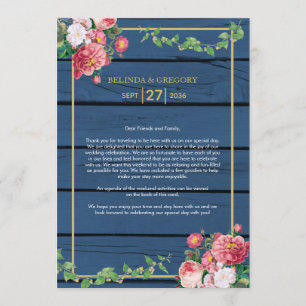 Blue Wood Vintage Roses Gold Wedding Itinerary Program