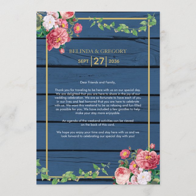 Blue Wood Vintage Roses Gold Wedding Itinerary Program (Front)