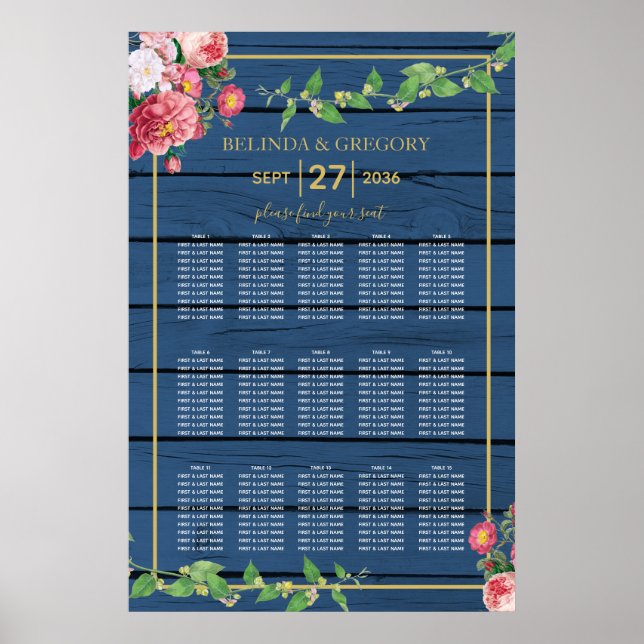 Blue Wood Vintage Roses Gold Wedding Seating Chart (Front)
