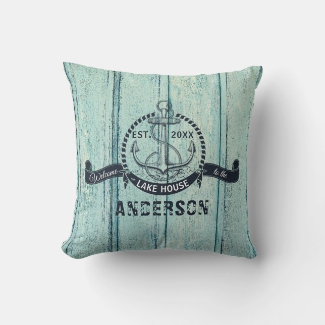 Blue Wood Welcome to the Lake House Throw Pillow (Front)