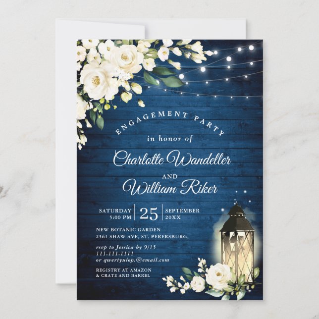 Blue Wood White Roses Lantern Engagement Party Invitation (Front)