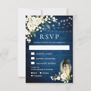 Blue Wood White Roses Rustic Light RSVP Card
