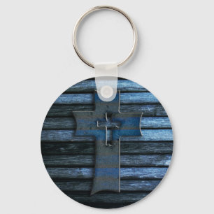 Blue Wooden Cross Keychain