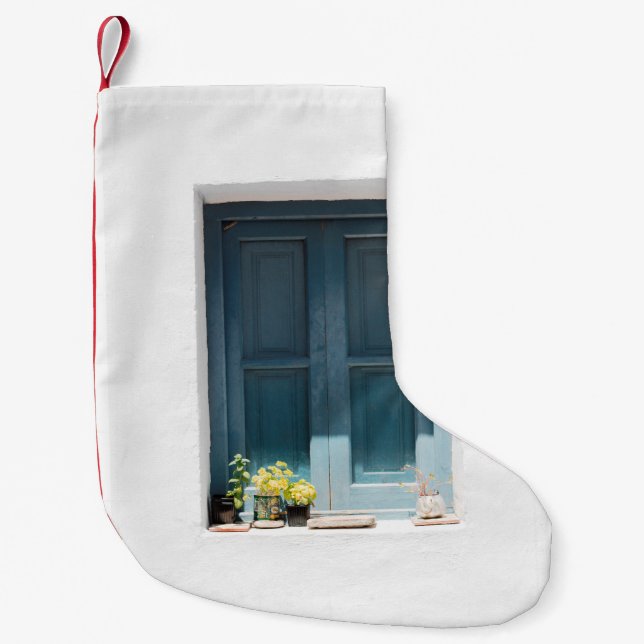 BLUE WOODEN DOOR ON WHITE CONCRETE WALL SMALL CHRISTMAS STOCKING (Front)