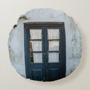 BLUE WOODEN DOOR PANEL IN WHITE BUILDING ROUND PILLOW