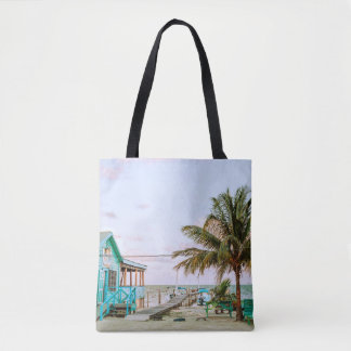 BLUE WOODEN HOUSE NEAR BODY OF WATER TOTE BAG