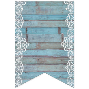 Blue Wooden Panel With White Lace Bunting Flags