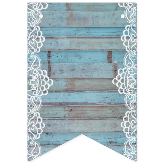 Blue Wooden Panel With White Lace Bunting Flags (First Flag)