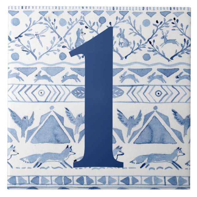 Blue Woodland Animal Ikat House Address Number 1 Tile (Front)