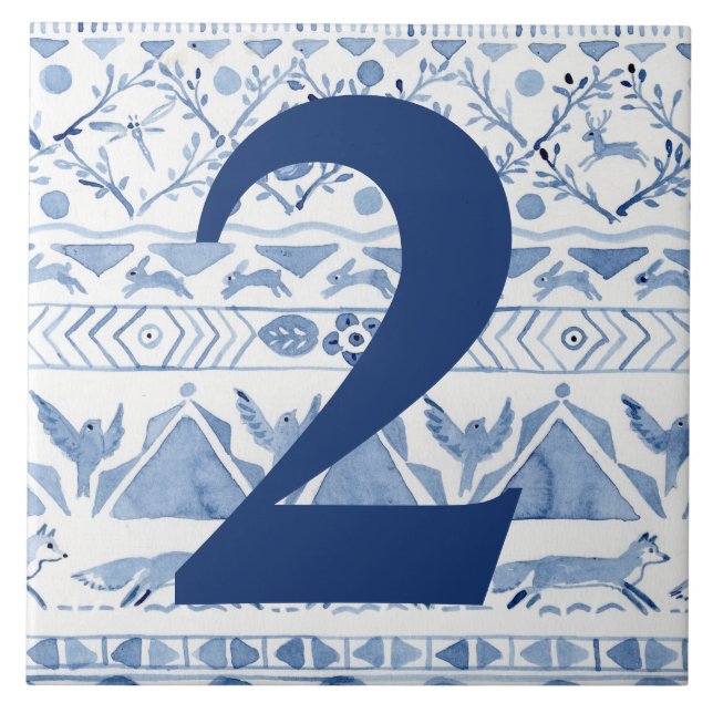 Blue Woodland Animal Ikat House Address Number 2 Tile (Front)