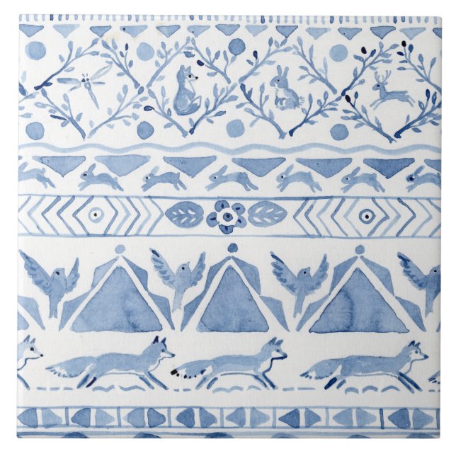 Blue Woodland Animal Ikat Pattern Fox Rabbit Bird Tile (Front)