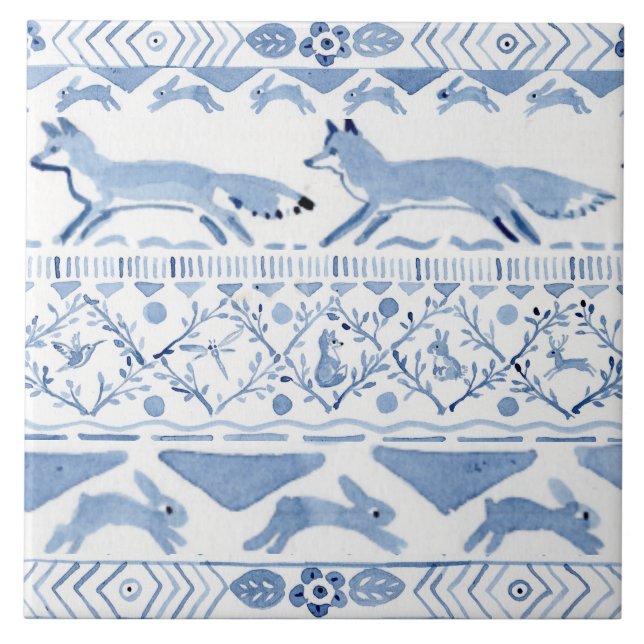 Blue Woodland Animal Ikat Pattern Fox Version 3 Tile (Front)