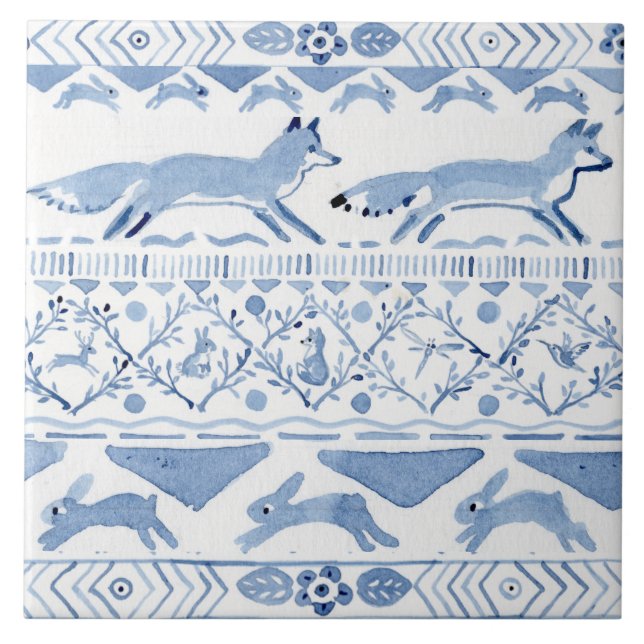 Blue Woodland Animal Ikat Pattern Fox Version 3 Tile (Front)