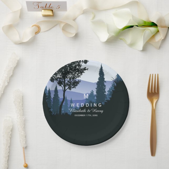 Blue Woodland Forest, Rustic Wedding Paper Plate (Wedding)