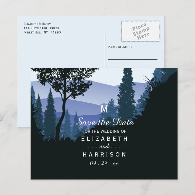 Blue Woodland Forest, Rustic Wedding Save the Date Announcement Postcard (Front/Back)