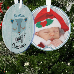 Blue Woodland Fox First Christmas Photo Ornament