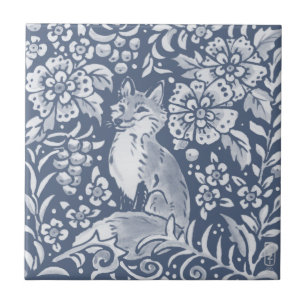 Blue Woodland Fox Forest Animal Floral Tile