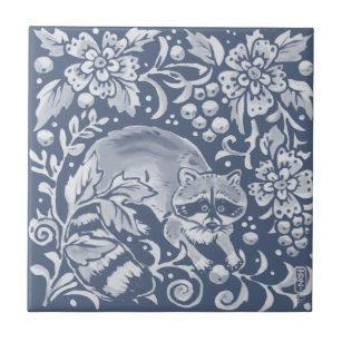 Blue Woodland Raccoon Forest Animal Floral Tile