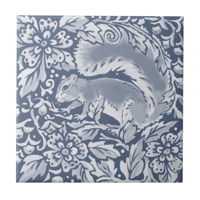 Blue Woodland Squirrel Forest Animal Floral  Tile (Front)